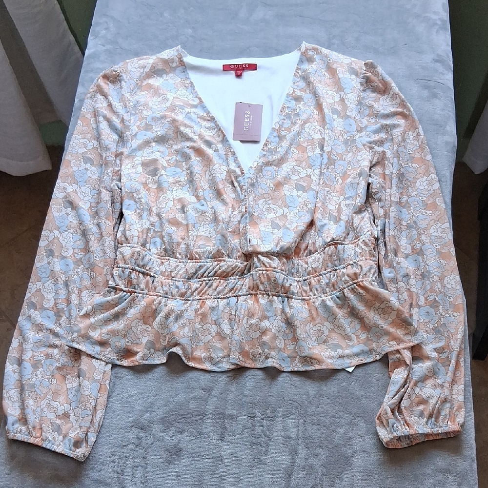 Guess Cream Peplum Blouse with 3/4 Sleeves